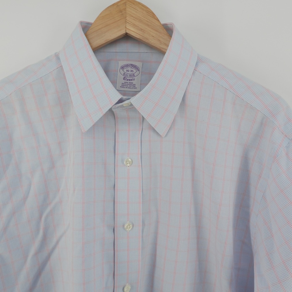 Brooks Brothers Dress Shirt Mens 16-35 Blue Red Check Non-Iron French Cuff